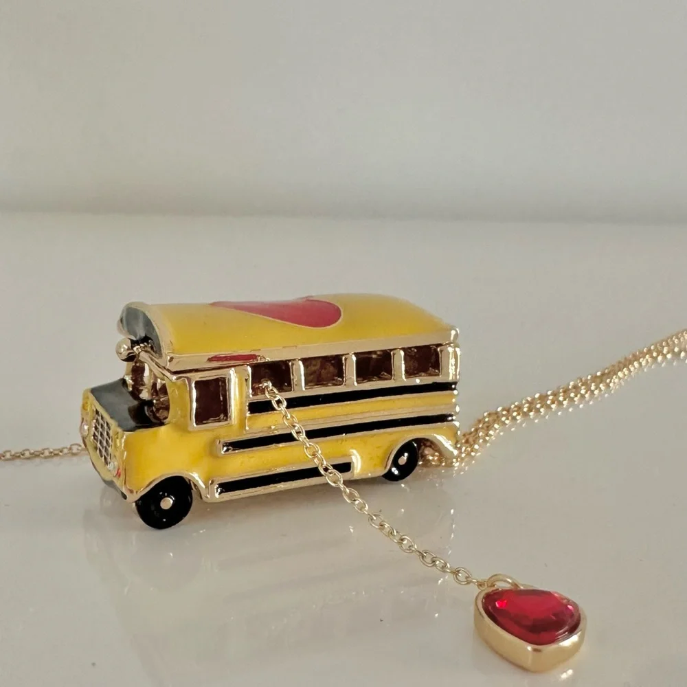 Betsey Johnson BACK TO SCHOOL Gold Tone Yellow Bus Heart Locket Long Nec… - Picture 7 of 14